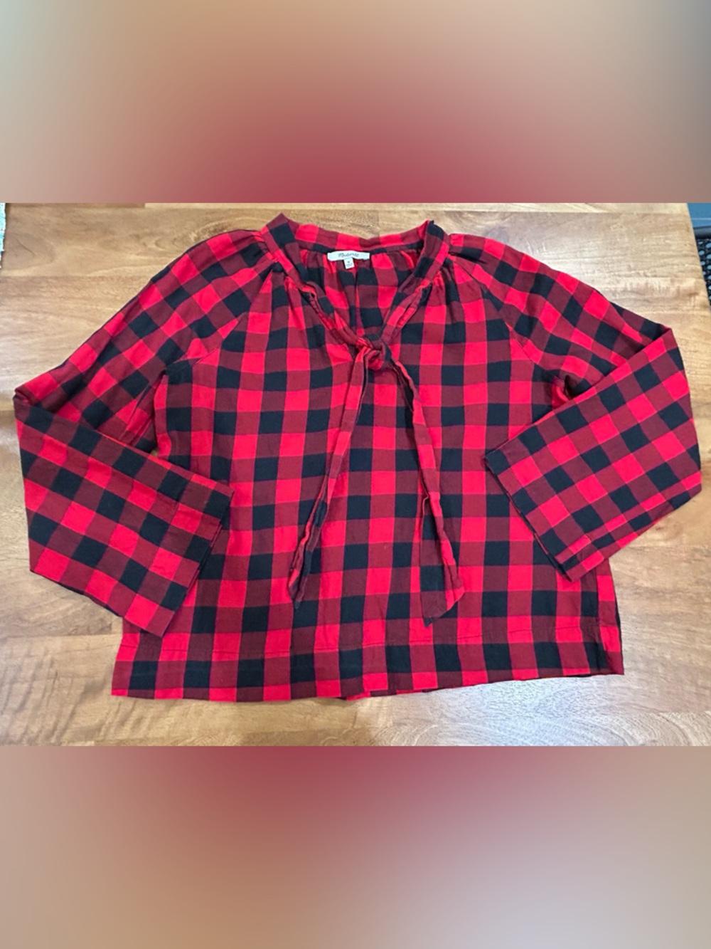Madewell Red and Black Plaid Blouse w/ Flowy Sleeves and Neck Sash - Sz. Medium